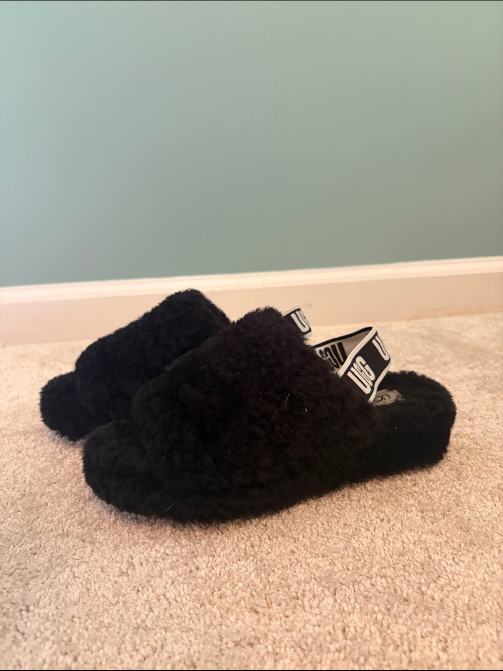 UGG Black Fluffy Slide Slippers with Branded Heel Strap